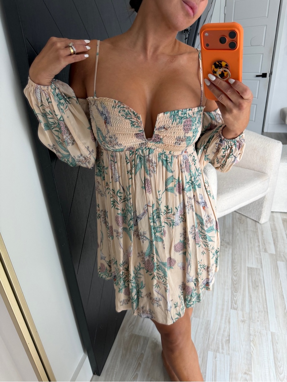 Zara Beige Floral Off-Shoulder Mini Dress with Green Accents